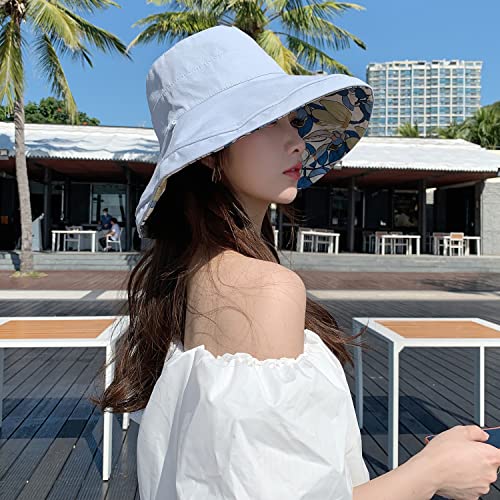 HUAMULAN Wide Brim Women Summer Sun Floppy Hat Reversible Beach Bucket Hat - color: M1744-lightblue
