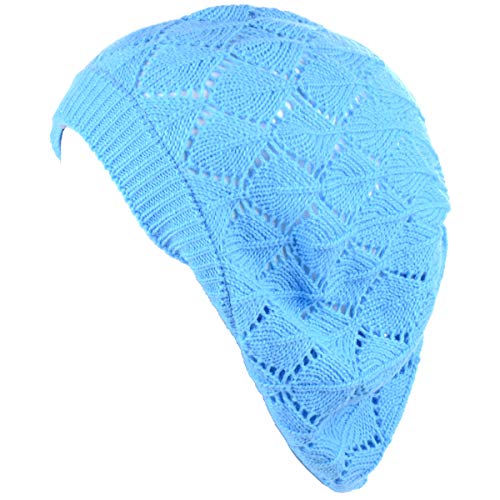 an Womens Lightweight Cut Out Knit Beanie Beret Cap Crochet Hat - Many Styles - color: 2681ltblue