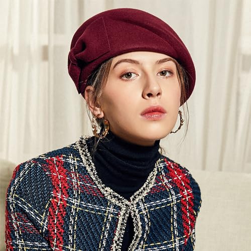 Wedding Hats for Women Vintage Wool Felt Berets Ladies Pearl Fascinator Autumn Winter Cap Bow Church Fedoras - color: Wine Red 1