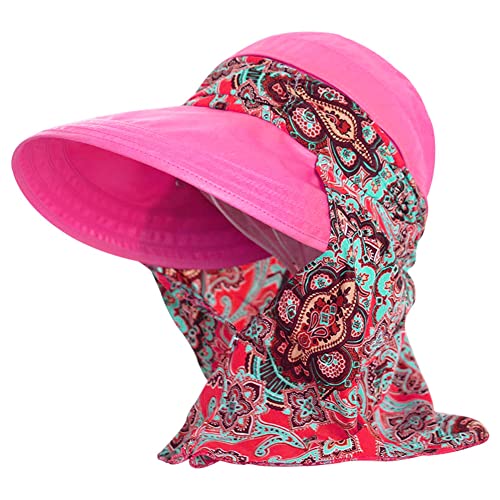 Women Wide Brim Sun Hat Multifunctional Beach Hat Foldable Sun Visor with Removable Neck Flap Bowknot - color: Rose