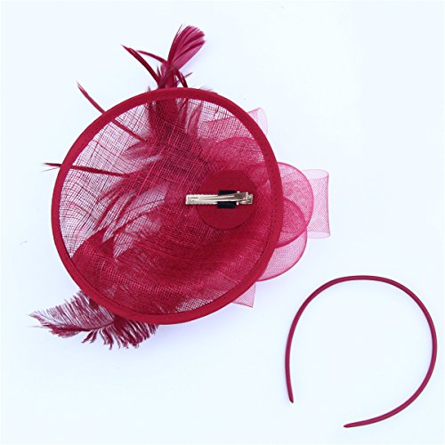 SAFERIN Women's Fascinators Feathers Tea Party Hat Veil Headband with Hair Clip for Cocktail Church - color: Ta4-burgundy