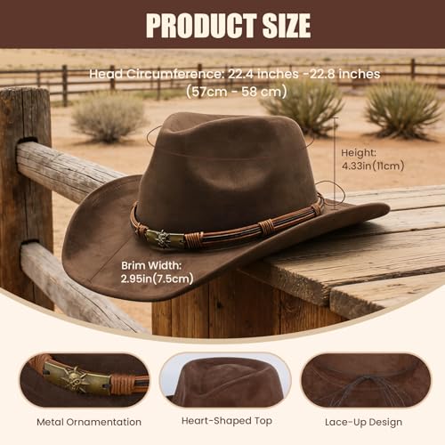 Cowboy Hat for Women and Men, Adjustable Felt Wide Brim Western Cowboy Hat for Parties, Size:M - color: Brown2