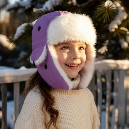 Kids Winter Trapper Hat Toddler Outdoor Warm Windproof Ushanka Aviator Hat Sherpa Fleece Lined Ski Cap for Boys Girls 1T-8T - color: Purple, size: 5-8 Years