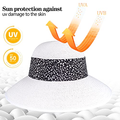 Womens Straw Sun Hat Summer Beach Wide Brim UV Protection Hats with Chin Strap Floppy Foldable Cute Bowknot UPF 50 Cap - color: Leopard White