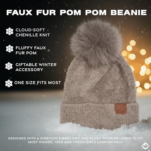 Funky Junque Beanie for Women Ultra Soft Chenille Faux Fur Pom Pom Winter Hats Warm Ski Cap Fashion - color: Terry Chenille - Light Grey
