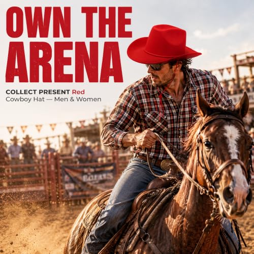 COLLECT PRESENT Plain Felt Cowboy & Cowgirl Hat for Men and Women | Western Studded Cowboy Hat in Adult Sizes - color: Red