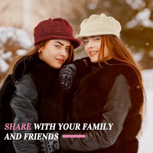 Mepase 3 Pieces Women Warm Hat for Winter Slouchy Beanie Cap with Visor Knitted Newsboy Hats for Women Ski Snow - color: Pink, Red, Beige