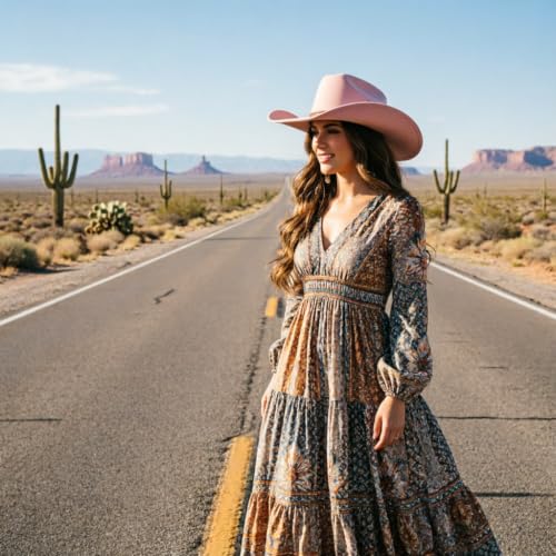 DRESHOW Cowboy Hat for Women and Men Wide Brim Western Cowboy Cowgirl Hat with Belt Buckle Unisex Rolled up Caps - color: Blush Pink