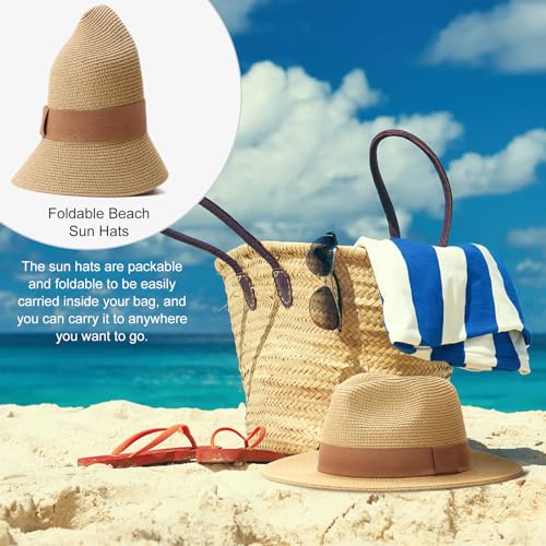 DRESHOW Women Straw Panama Hat Travel Fedora Beach Sun Hat Summer Wide Brim Straw Roll up Hats UPF 50+ - color: Fedora a Khaki (Brown Hatband)
