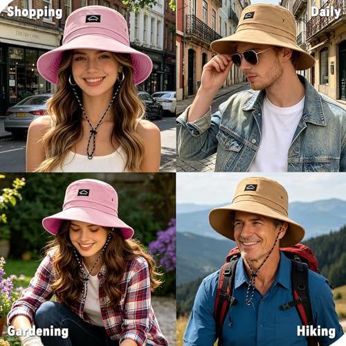 ZOORON Sun Bucket Hats for Women Men UPF 50+Packable Fishing Hats Quick Dry Waterproof Hiking Hat with Detachable Chin Strap - color: 1pack-pink