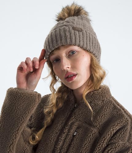 THE NORTH FACE Women's Oh Mega Fur Pom Beanie | Deep Fit Cuffed Winter Hat With Oversized Faux-fur Pom & Cable Detailing - color: Mocha Brown