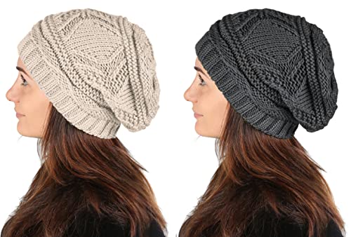 Lilax Knit Slouchy Oversized Soft Warm Winter Beanie Hat - color: Beige/Gray - 2 Pack