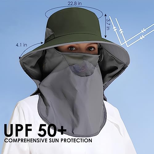 Outdoor Sun Hat Detachable Neck Face Flap UPF 50+UV Protection Visor Fishing Hats with Neck Flap for Men & Women - color: Green