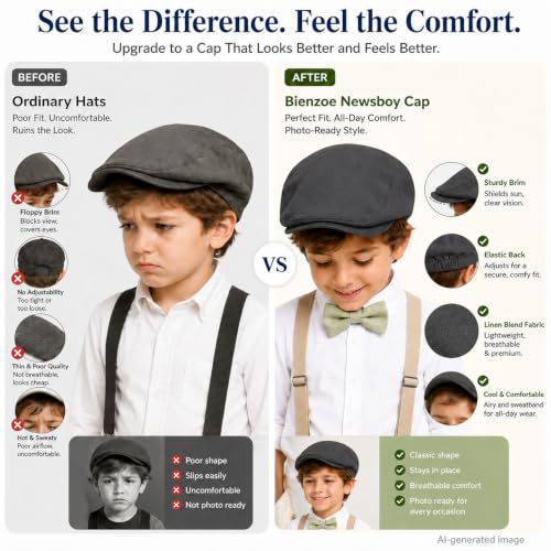 Bienzoe Boys Newsboy Flat Hat: Classic Linen Cap Lightweight - color: Dk Grey, size: 2-3T