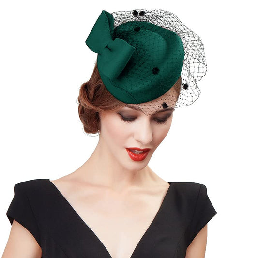 Z&X British Vintage Wool Felt Pillbox Hat Ladies Church Derby Winter Fascinator Hat Veil Flower Fedoras - color: 012 Green