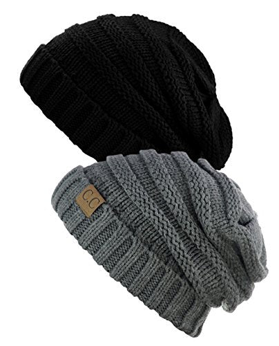 NYFASHION101 Oversized Baggy Slouchy Thick Winter Beanie Hat - color: Black & Lt Mel Gray