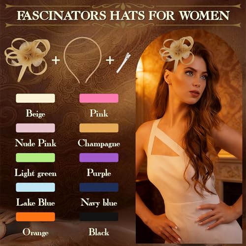 AMCAMI Fascinators Hats with Feather for Women 2026 Derby Hats Small Tea Party Hat with Headband - color: Gold