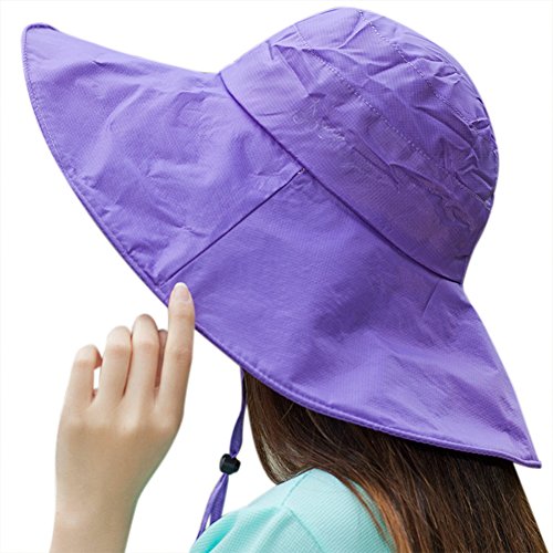 Women Summer Rain UV UPF 50 Sun Protection Wide Brim Hat - Foldable Bucket Sun Hat - color: Light Purple
