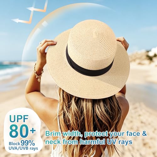 DRESHOW Women Straw Panama Hat Travel Fedora Beach Sun Hat Summer Wide Brim Straw Roll up Hats UPF 50+ - color: Fedora L Beige a