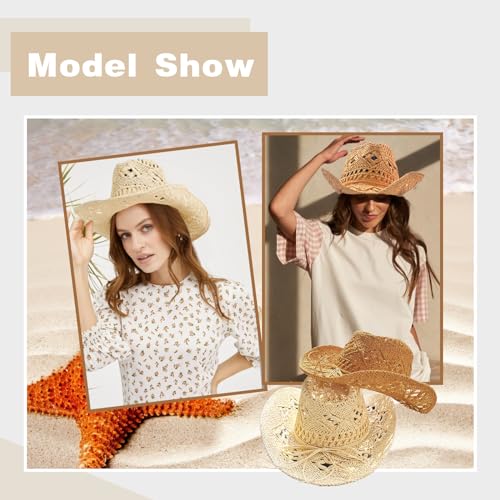 Straw Cowboy Hats for Women Men Western Cowgirl Hat Foldable Wide Brim Cowboy Hat Travel Vacation Beach Sun Hats - color: Khaki