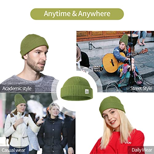 zowya Fisherman Cuff Knit Beanie Hat, Rib Watch Cap Skull Cap Winter Ski Hat for Daily, 1 Hat 2 Style - color: Olive