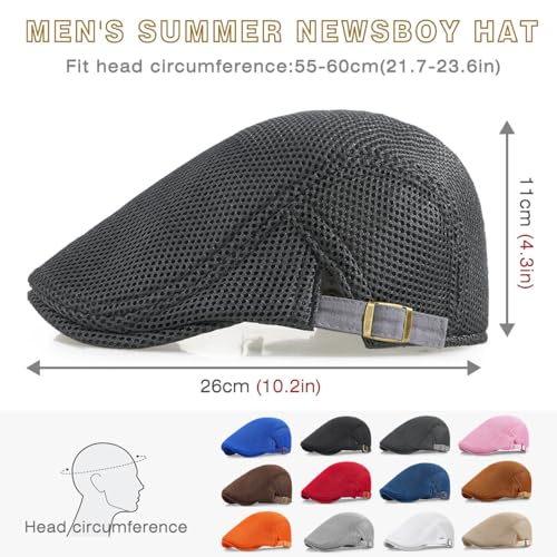2 Pack Men's Mesh Cap Breathable Summer Newsboy Hat Adjustable Beret Ivy Cap Irish Cabbie Driving Hunting Hats - color: Black/Dark Grey