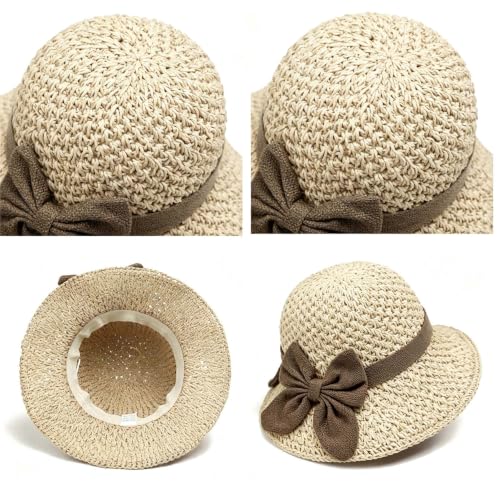 Versatile Retro Woven Handmade Straw Hat with Ruffled Bow for Women Elegant Crochet Straw Foldable Breathable Sun Hat - color: Beige