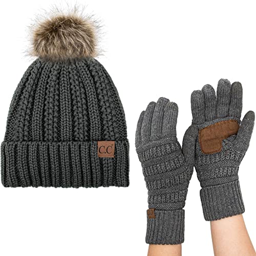 C.C Pom Cable Knit Beanie and Glove Set - color: Dk Melange Gray