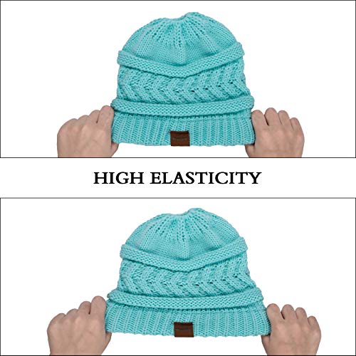 Rosoz 2 Pack Ponytail Beanie for Women,Winter Warm Beanie Tail Soft Stretch Cable Knit Messy High Bun Hat - color: 2pack-black/Lake Blue