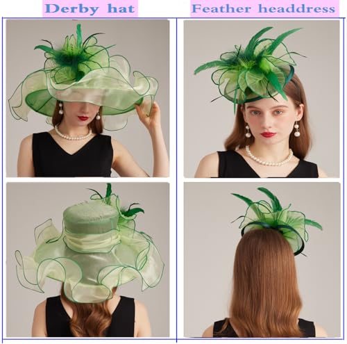 ORIDOOR Women Hats Headband Hairpin Organza Fascinator Church Hat Floral Tea Party Wedding Hat - color: 006 Grass Green