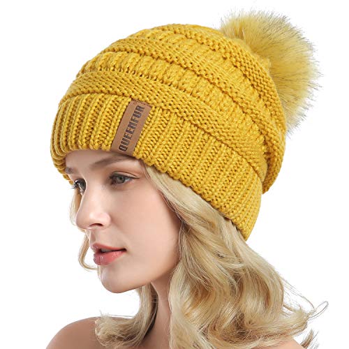Women Knit Slouchy Beanie Chunky Baggy Hat with Faux Fur Pompom Winter Soft Warm Ski Cap - color: C7-ginger