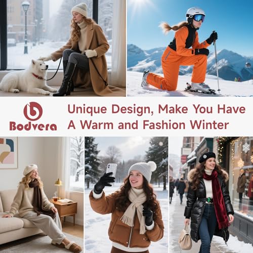 Womens Winter Beanie Hat Scarf Set,Thermal Fleece Lined Women Beanie with Pom Warm Knitted Neck Scarf Cold Weather