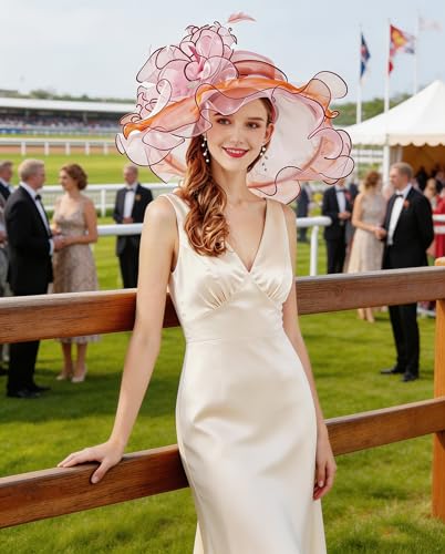 Z&X Women Organza Church Derby Hat Wide Brim Sun Hats for Wedding Tea Party Fascinator Hat, Dual-use - color: 013a- Pink