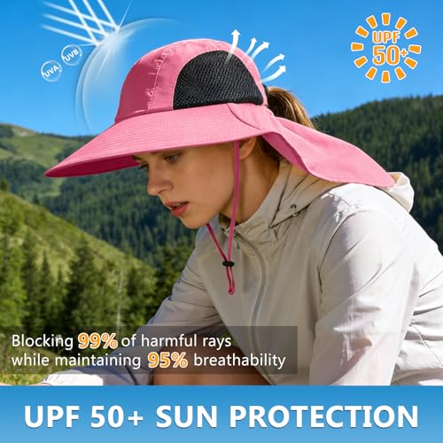 Sun Hat for Men Women with Neck Flap,UPF 50+ UV Protection Fishing Hat - color: 1pack-rose