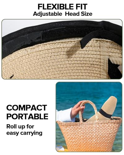 Sun Beach Hats for Women with Ponytail Hole, Floppy Wide Brim Beach Hat, Straw Summer Packable Sunhat Foldable Sun Protection - color: Beige, size: Medium