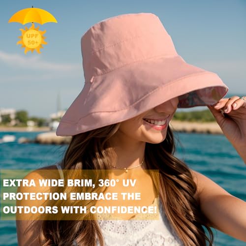 Wide Brim Sun Hats for Women UV Protection Reversible Bucket Hat Foldable Beach Hats Summer Hat for Garden Travel - color: Pink Petals