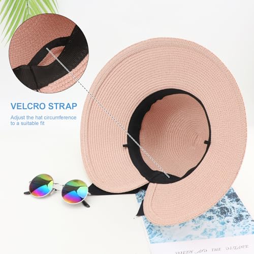 DRESHOW Sun Hats for Women Travel Fedora Foldable Beach Sun Hat Summer Wide Brim Straw Bucket Hat with Bowknot UPF 50+ - color: 1 Pack With Bowknot: Nude Pink
