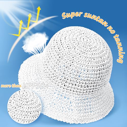 Womens Sun Hat Handmade Straw Bucket UV Protection Travel Summer Beach Cap - color: White