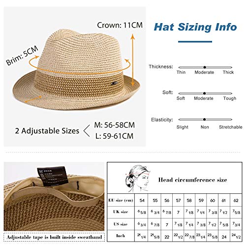 Fancet Packable Straw Fedora Panama Sun Summer Beach Hat Cuban Trilby Men Women 56-67cm - color: Black, size: Large