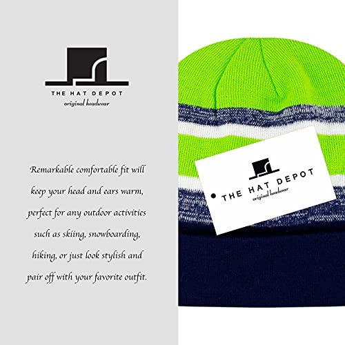 Winter Knit Beanie Hat with Pom Pom – Warm Cuffed Slouch Ski Cap for Men & Women - color: 2.navy and Lime