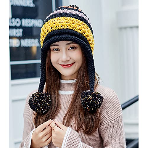 Women Winter Peruvian Cover Ears Beanie With Ear Flaps - Knit Crochet Hat - color: Black