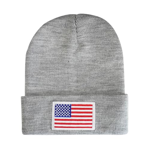 American Flag Beanie, USA Embroidered Winter Hat for Women Men - color: American Flag-gray