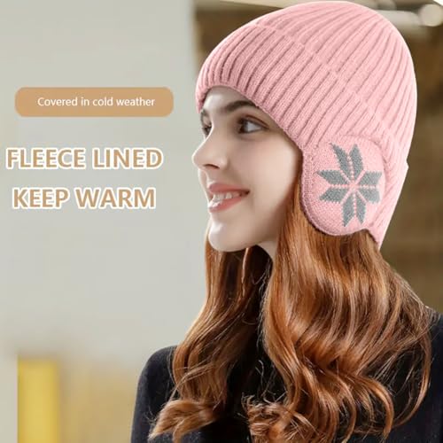Knit Beanie Hat with Earflaps – Winter Warm Thick Fleece Lined Ski Skull Cap for Men Women - color: Pink