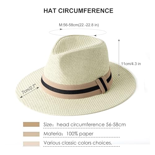 Mens Wide Brim Summer Straw Fedora Beach Sun Hats Panama - color: Beige