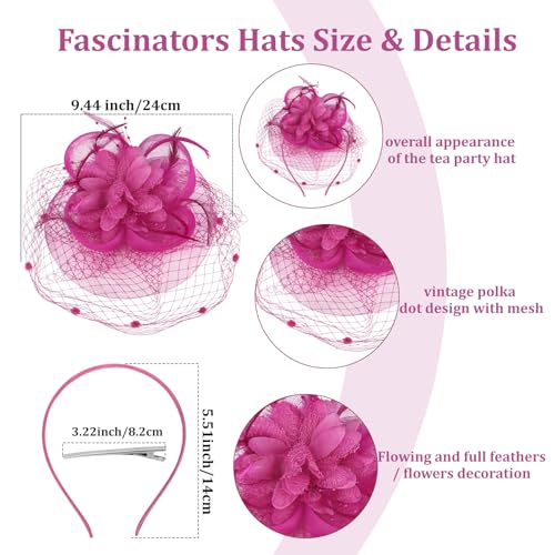 Semato Fascinators Hats for Women Mesh Feathers ElegantHot Pink Tea Party Kentucky Hat Derby Headband with Hair Clip - color: Hot Pink