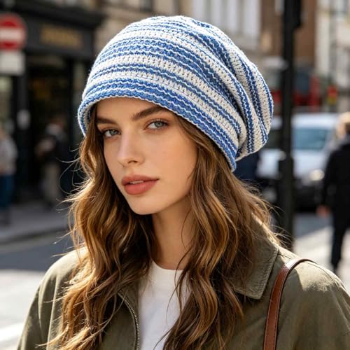 Women's Sparkly Lace Beanie Hat for Women, Lightweight Breathable Knit Skull Cap,Fashion Slouchy Beanie - color: Blue White 016