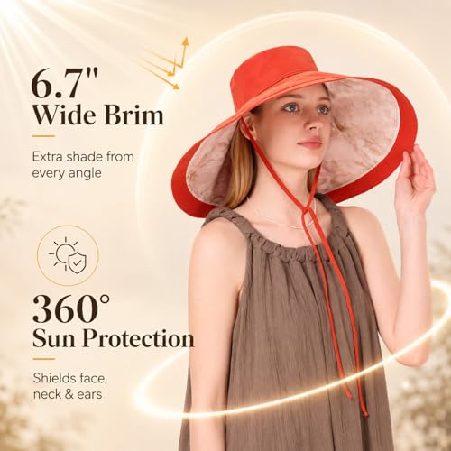 Wide Brim Sun Hat for Women Reversible Beach Hats Metal Wired Edge Gardening Hats, UPF 50+ Bucket Summer Hat - color: Orange Floral