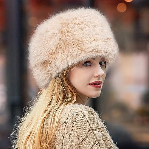 Peicees Winter Faux Fur Hat for Women Russian Style Ladies Ushanka Warm Fluffy Bucket Hat Fuzzy Furry Cap - color: Beige