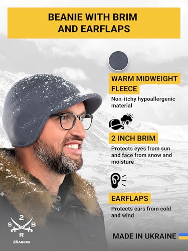 2SBR 2SABERS Fleece Winter Beanie with Visor - Men Women - Earflap Brim Skull Watch Cap Hat - color: Grey, size: X-Large