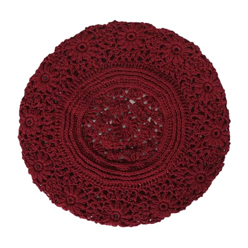 ZLYC Women Cotton Slouchy Crochet Beret Handmade Cutout Floral Beanie Hat - color: Plain Burgundy